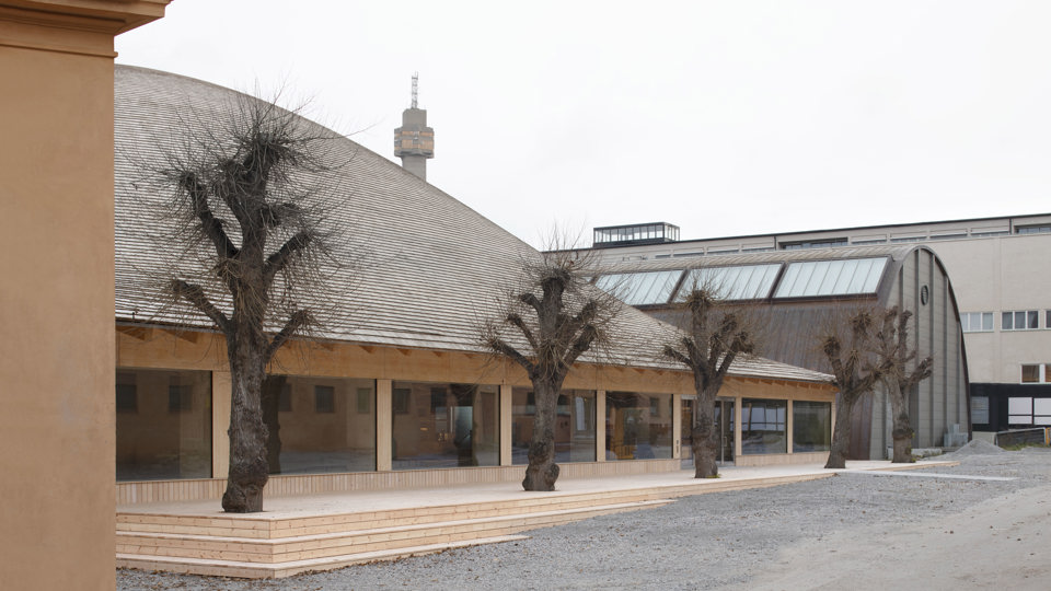 Modern träbyggnad med ett böljande tak och stora avlånga fönster, foto.