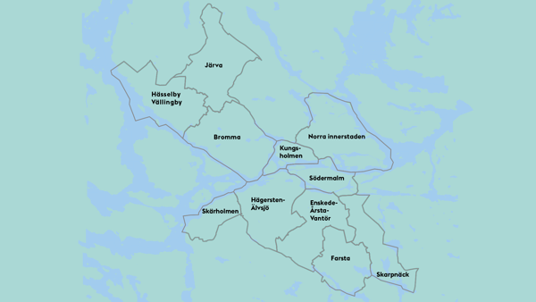 En karta där Stockholms 11 stadsdelsområden är inritade.