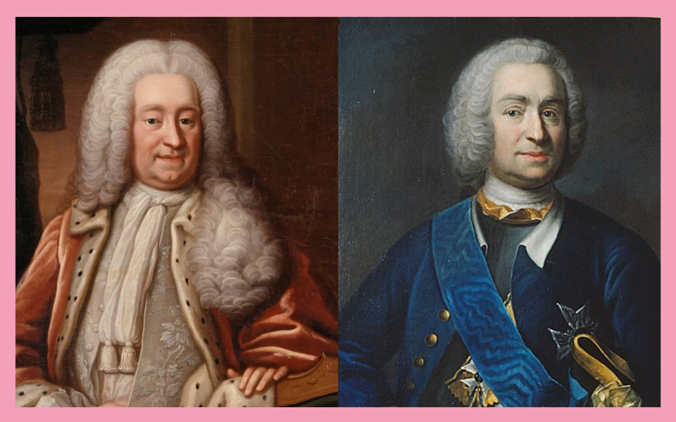 Två porträtt på män på 1700-talet. Oljemålning.