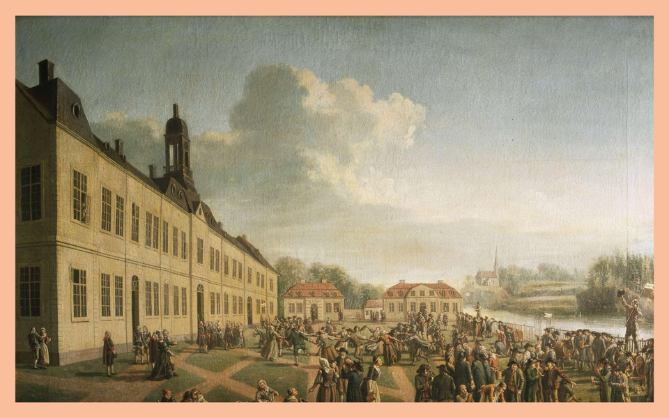Människor festar vid slott, 1700-tal.  Oljemålning.