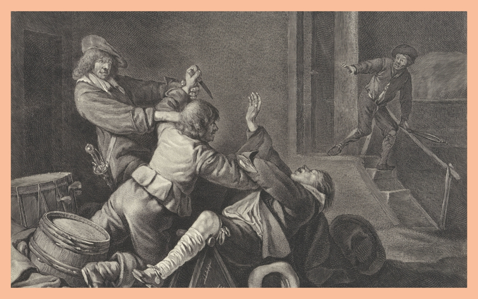 Illustration av män i knivslagsmål på 1600-talet.