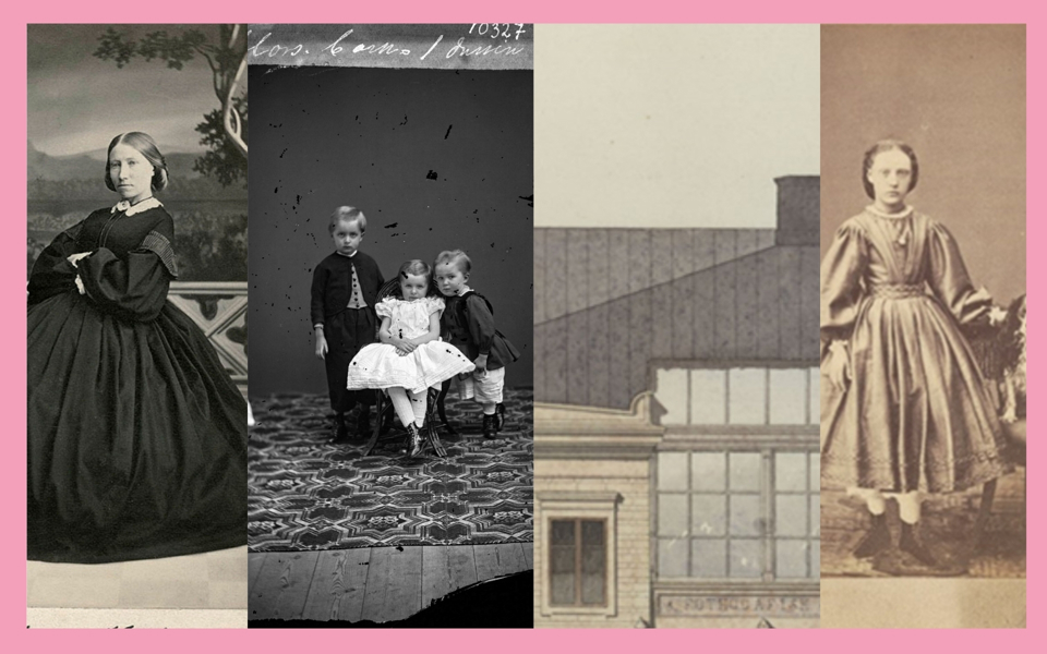 Kollage med porträtt från människor och byggnadsritning.