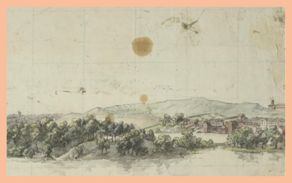 Utsiktsbild över område. Tavla.