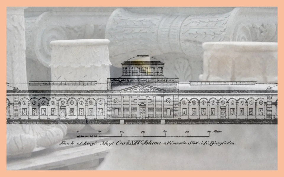 Montage med marmordelar foto. Och byggnadsritning.