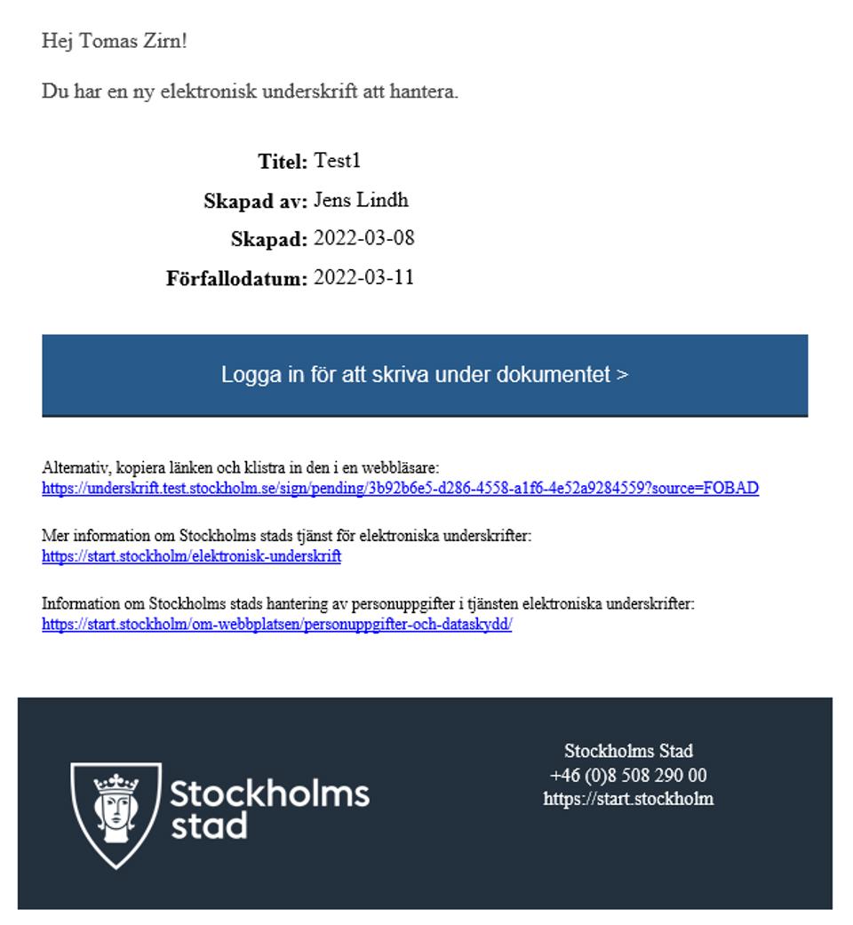Bild som visar hur notifieringsmejlet om elektronisk underskrift ser ut.
