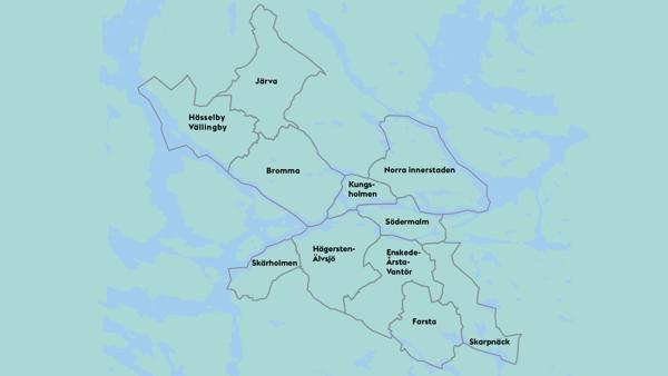 En karta där Stockholms 11 stadsdelsområden är inritade.